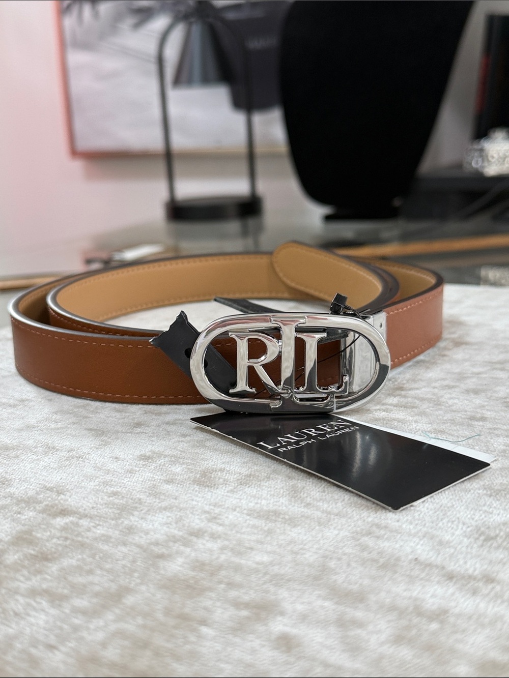Ralph Lauren Tan brown reversible Leather Belt with Silver RL Oval Buckle